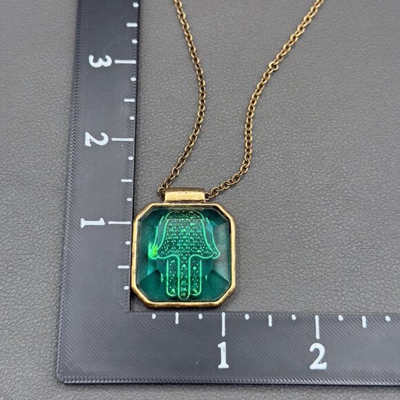 Green Hamsa Hand Pendant Necklace Antique Gold Tone Chain Lucky Brand - Picture 9 of 15